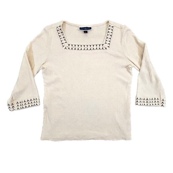 Karen Scott Embellished Square Neck Sweater Small Taupe Long Sleeve Old Money - Picture 1 of 16